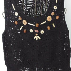 Vtg 80s Speed Limit Black Crochet Knit Crop Top Fringe Cami Button Embellished M